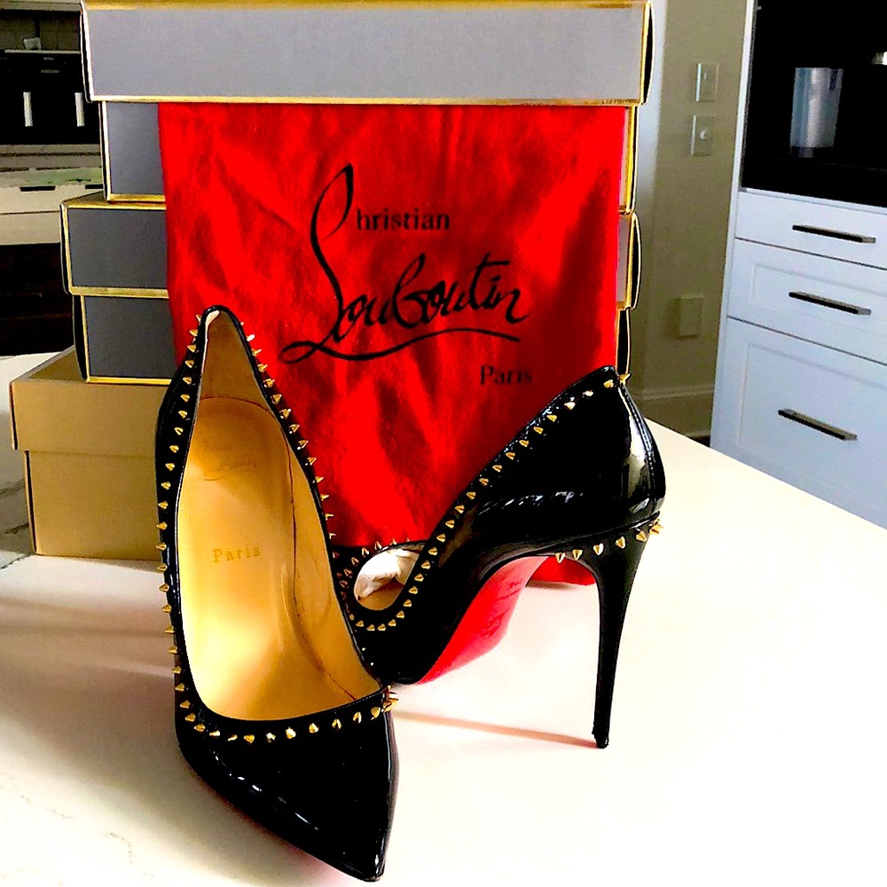 Christian Louboutin Black Anjalina Gold Stud Accent Pumps